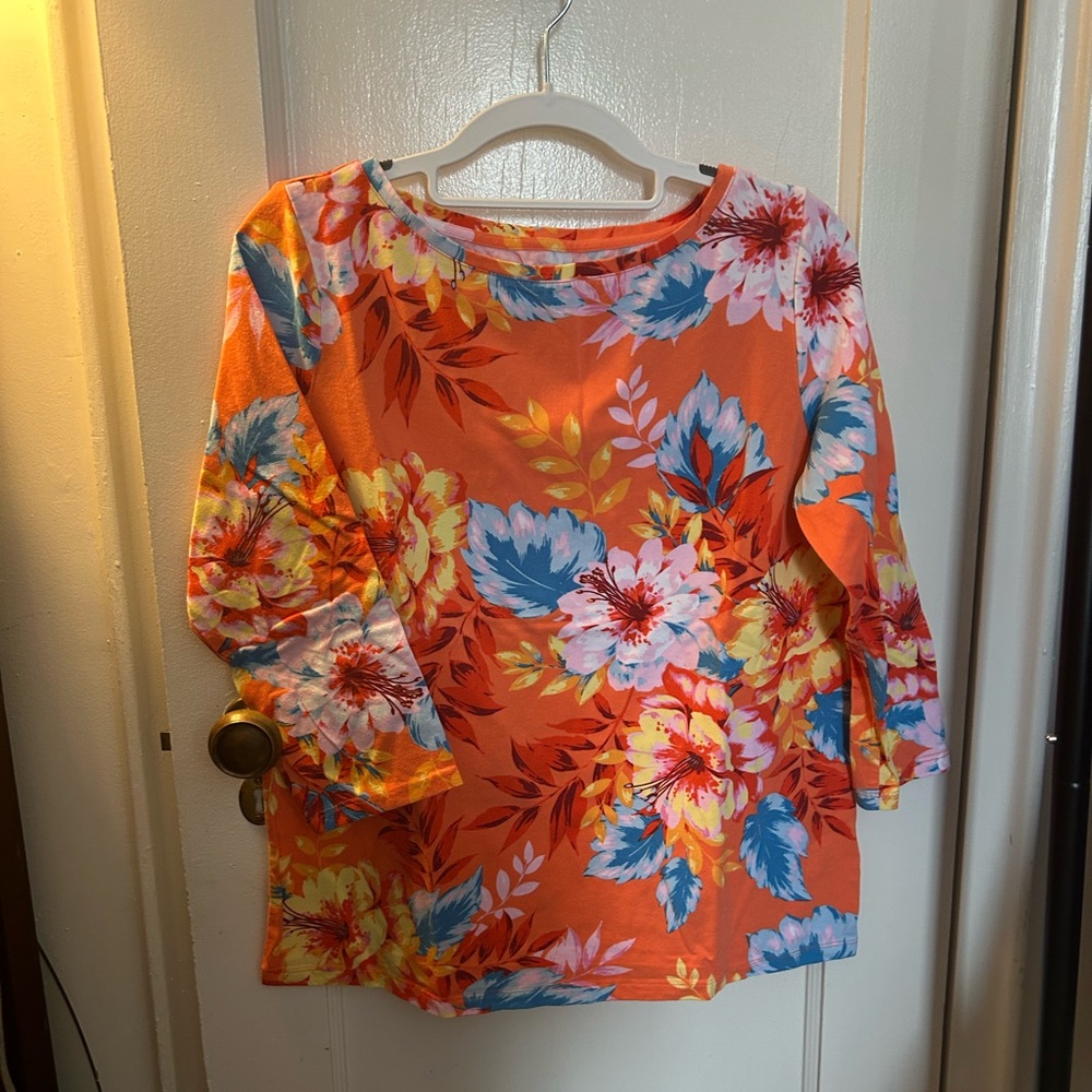 Talbots Orange Floral Scoop Neck Long Sleeve Top